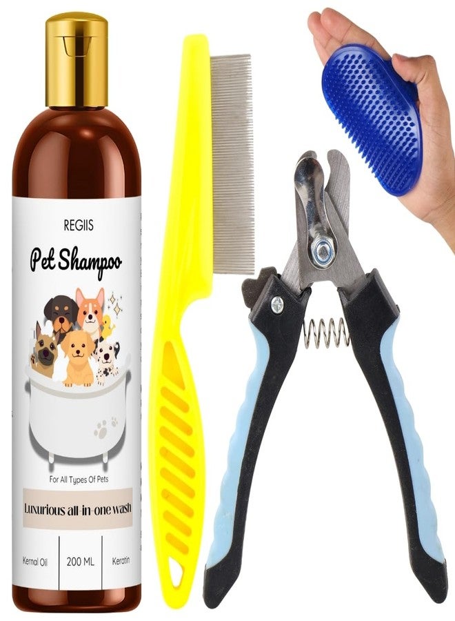 مجموعة ريجيس للعناية بالحيوانات الأليفة، مجموعة عناية بالكلاب من 4 قطع مع شامبو، مشط للبراغيث، مقص أظافر، فرشاة لإزالة الشعر الزائد لجميع أنواع الحيوانات الأليفة، 200 مل - Image 1